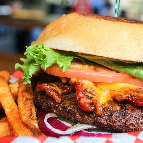 Bacon cheddar burger with fries